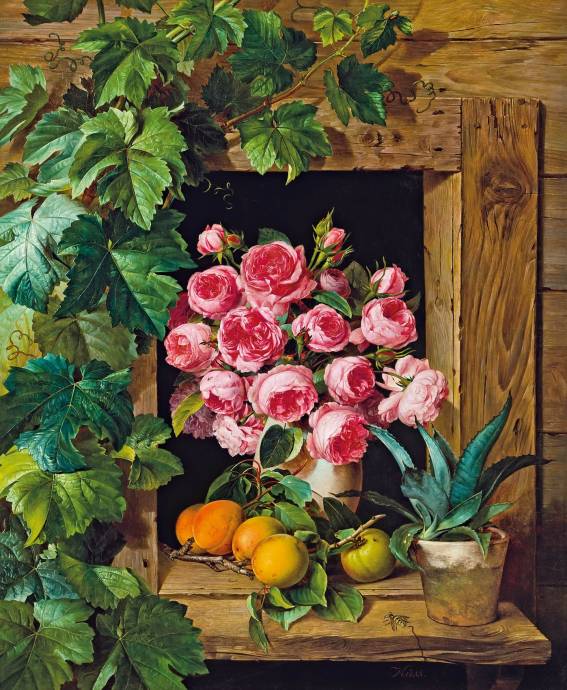 Натюрморт с розами и абрикосом / Фердинанд Кусс - Ferdinand Kuss