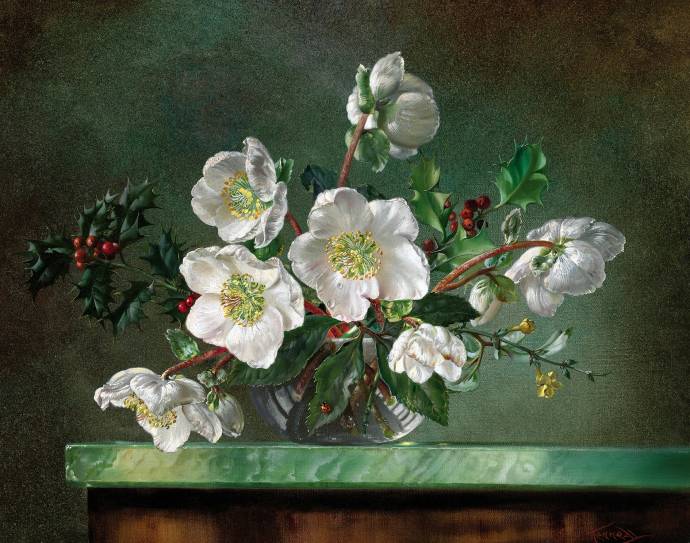 Натюрморт с белыми цветами и красными ягодами / Сесил Кеннеди - Cecil Kennedy