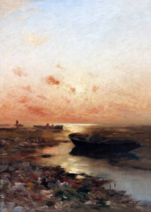 Прибрежный пейзаж с лодками на закате / Вильгельм фон Гегерфельт - Wilhelm von Gegerfelt
