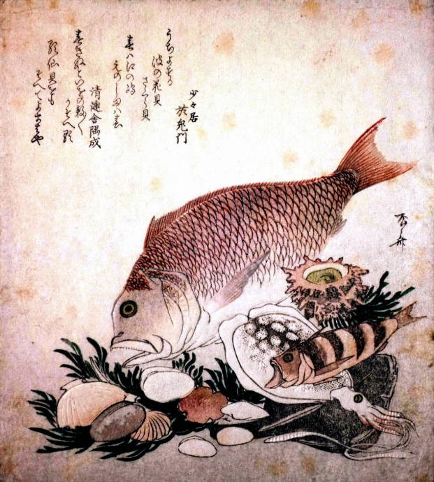 Японские мотивы. Красный морской лещ и каракатица / Изображения из категории "Рыбы"